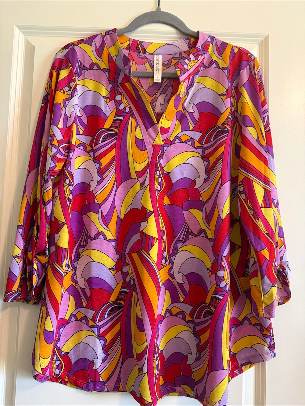 Dear Scarlett V-Neck Abstract Print Blouse in Pink, Purple & Yellow